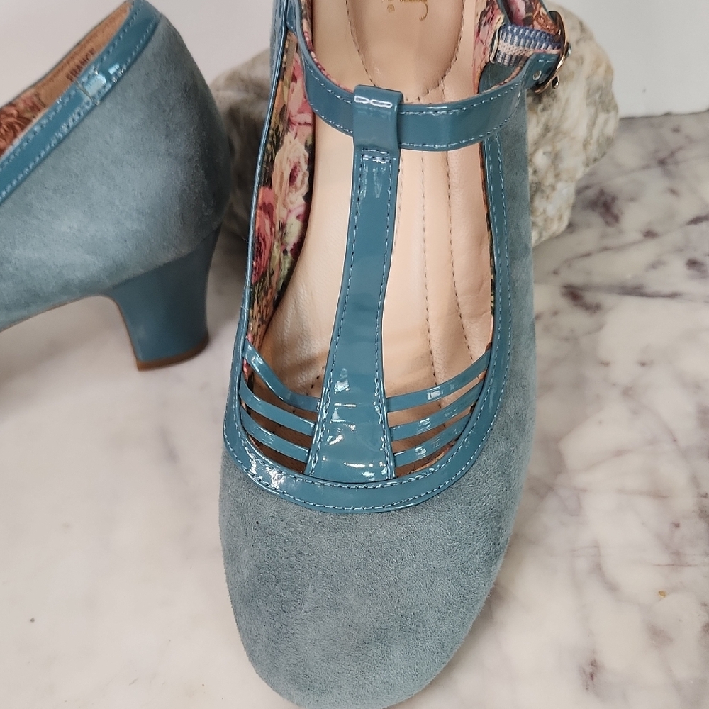 Hotter Suede & Patent Leather Teal Color T-Strap Heels Sz11 (Unisex) - Picture 3 of 10